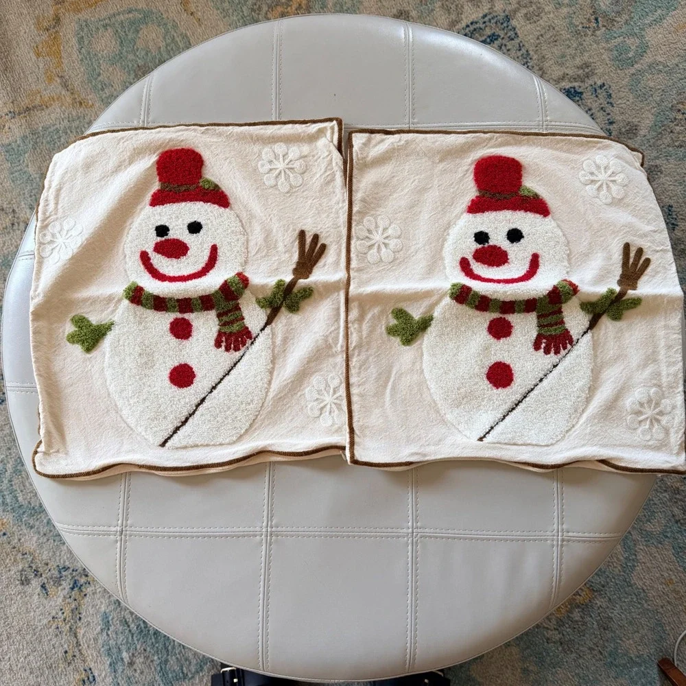 Snowman Pillow Covers Set of 2 Cream Red Green 16x16 Rustic Christmas Farmhouse